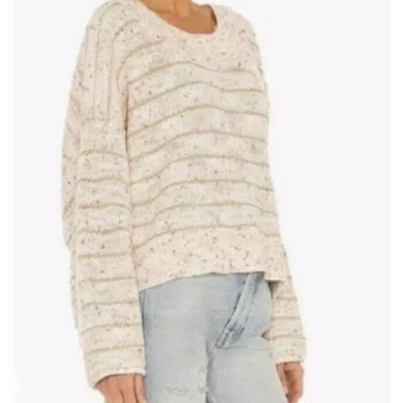 Free People Starlight Sweater Pearl Island Stripes Cream Oatmeal Comfy Size L - Picture 2 of 12